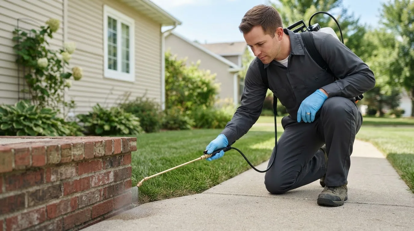 Pest control technician treating a home near Dolliver, IA