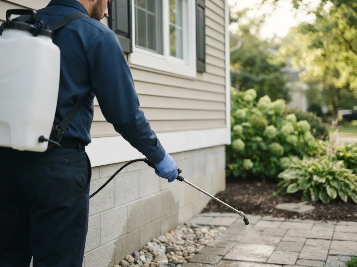 Pest control technician inspecting a home in Dolliver, IA